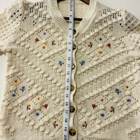 Vintage Inspired Classic Woman's Cream Embroidered Openwork Knit Cardigan - Picture 8 of 9
